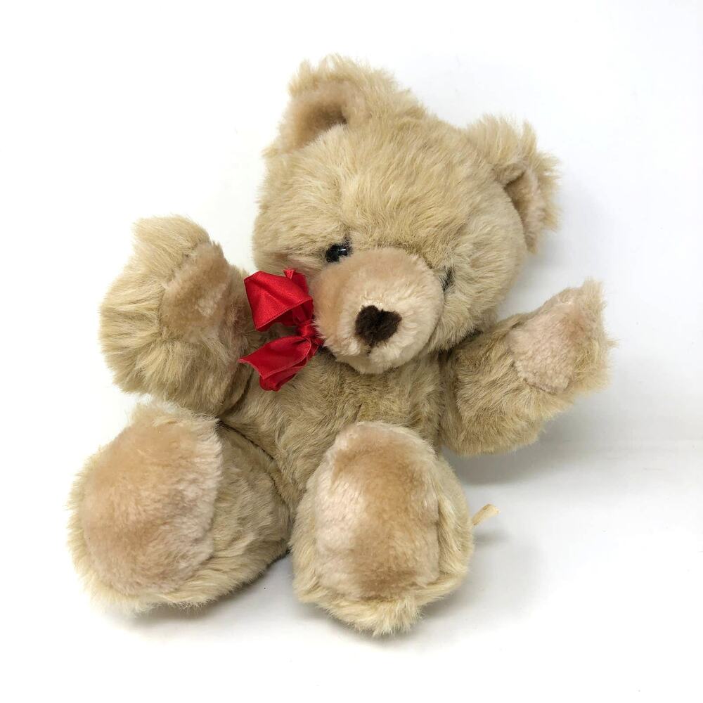 Eden Teddy Bear Plush Tan Beige Red‎ Satin Bow 9" Seated Vintage 80s Lovey